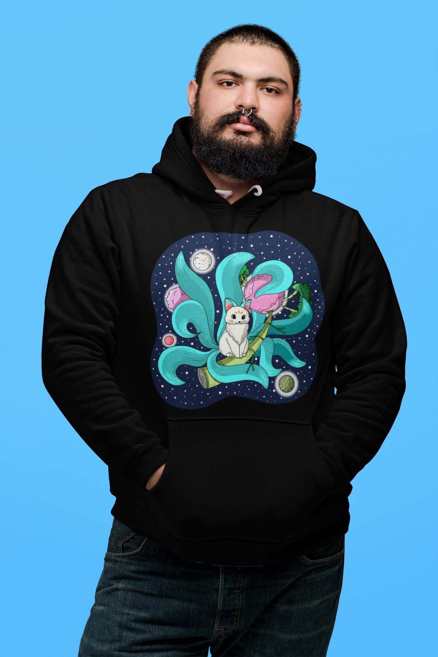 The Great Blue Space Nine Tailed Fox Unisex Heavy Blend™ Hooded Sweatshirt - Space Flora