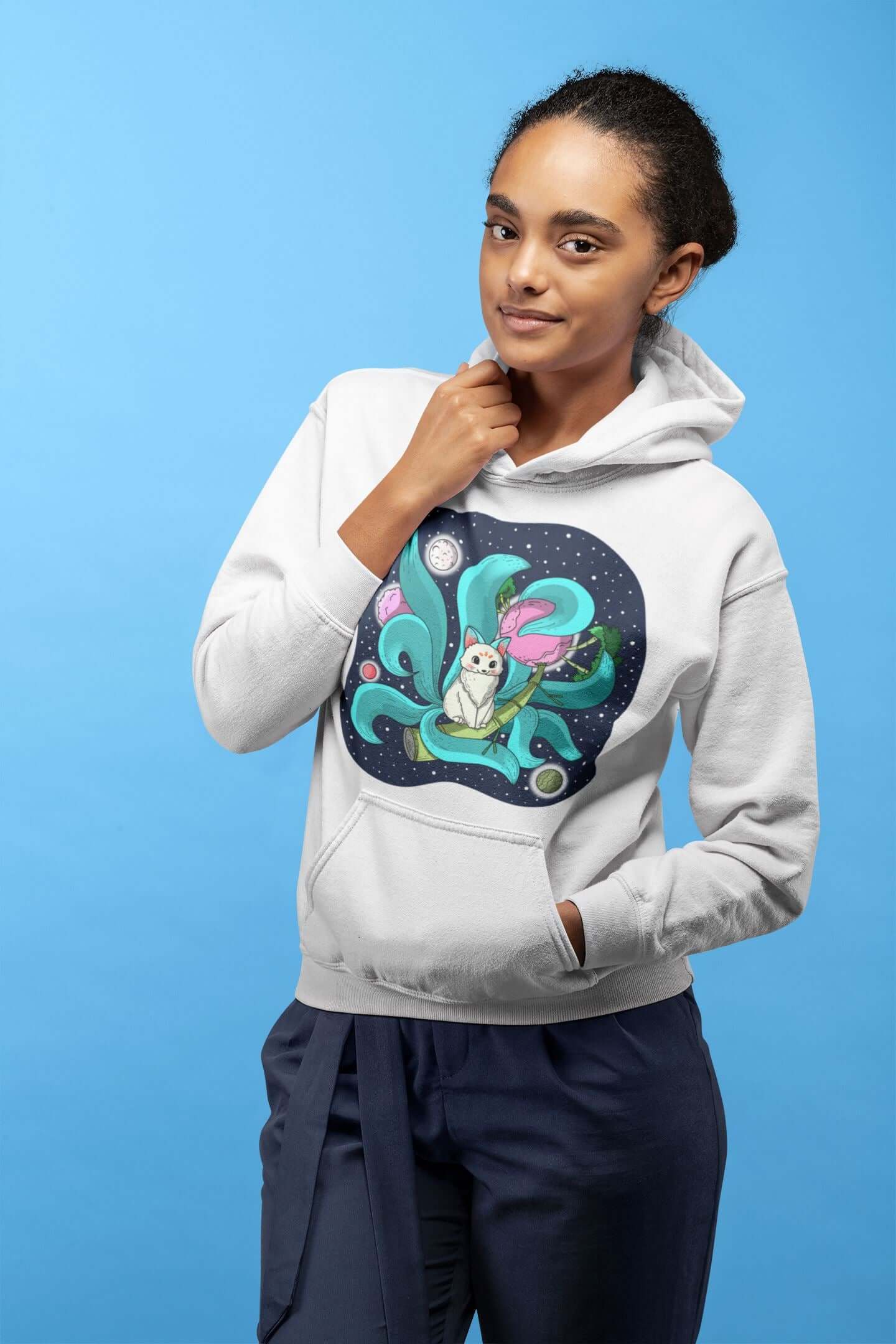 The Great Blue Space Nine Tailed Fox Unisex Heavy Blend™ Hooded Sweatshirt - Space Flora